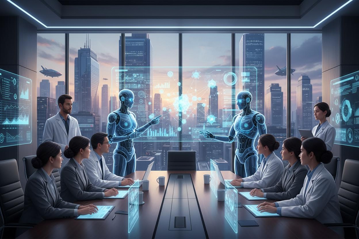 Editorial section illustration for "2. DeepMind и генерация гипотез в науке" in context of "AI в феврале 2026: 7 событий, которые изменили всё". Subject-focused composition, realistic business environment, crisp details, natural contrast, no text, no watermark, no logo, no empty background, 16:9.