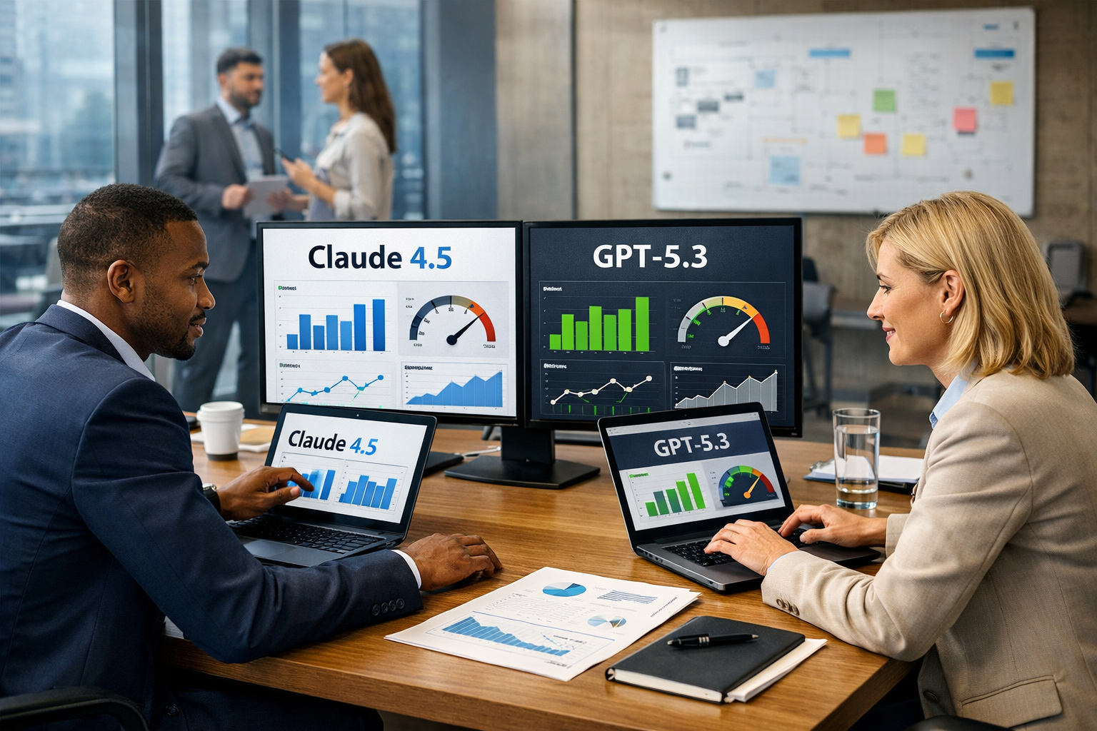 Editorial section illustration for "Производительность в реальных задачах" in context of "Claude 4.5 vs GPT-5.3: честное сравнение для бизнеса". Subject-focused composition, realistic business environment, crisp details, natural contrast, no text, no watermark, no logo, no empty background, 16:9.