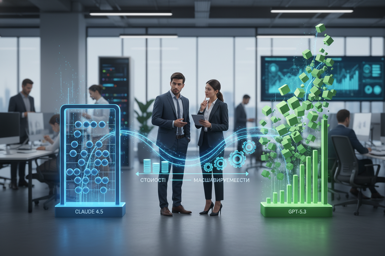 Editorial section illustration for "Стоимость и масштабируемость" in context of "Claude 4.5 vs GPT-5.3: честное сравнение для бизнеса". Subject-focused composition, realistic business environment, crisp details, natural contrast, no text, no watermark, no logo, no empty background, 16:9.