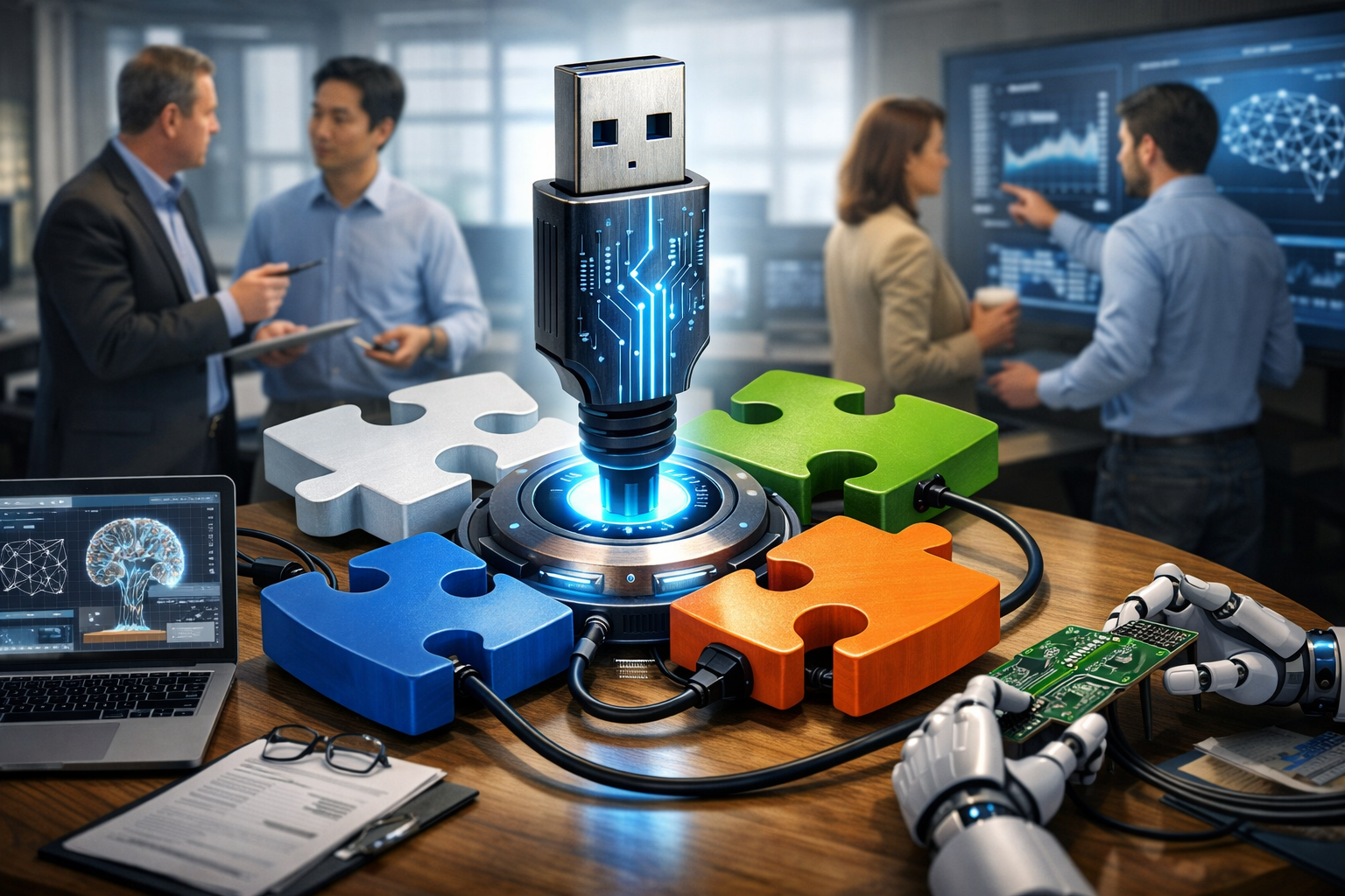 Editorial section illustration for "Проблема фрагментации: Почему ИИ нуждается в стандарте" in context of "MCP: USB-порт для искусственного интеллекта. Что это и почему важно". Subject-focused composition, realistic business environment, crisp details, natural contrast, no text, no watermark, no logo, no empty background, 16:9.