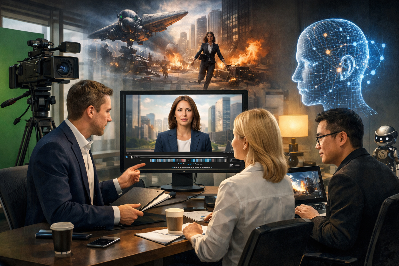 Editorial section illustration for "HeyGen: Король корпоративного контента" in context of "Heygen, Sora, Kling: AI-видео в 2026 — что реально работает". Subject-focused composition, realistic business environment, crisp details, natural contrast, no text, no watermark, no logo, no empty background, 16:9.