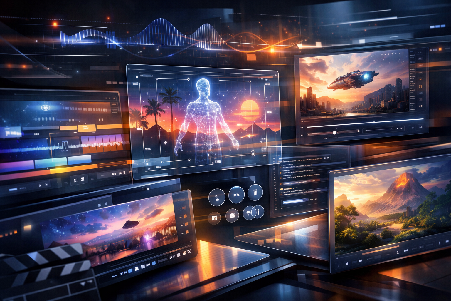 A diverse business team collaborates on projects in a modern office setting, using technology and notes.