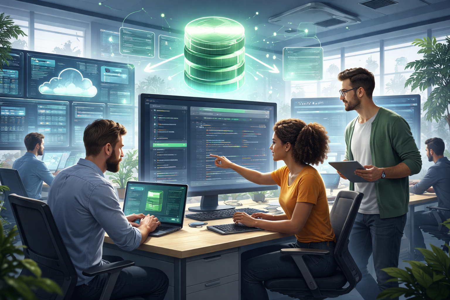 Editorial section illustration for "Что такое Supabase и почему это революция" in context of "Supabase: база данных, которая заменяет целый backend-отдел". Subject-focused composition, realistic business environment, crisp details, natural contrast, no text, no watermark, no logo, no empty background, 16:9.