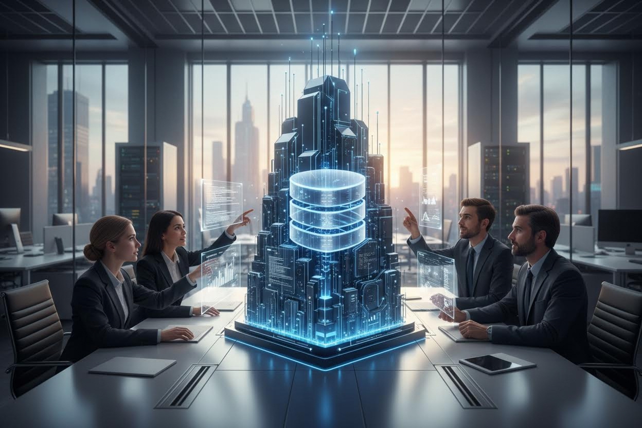 Editorial section illustration for "Архитектура, которая заменяет отдел" in context of "Supabase: база данных, которая заменяет целый backend-отдел". Subject-focused composition, realistic business environment, crisp details, natural contrast, no text, no watermark, no logo, no empty background, 16:9.