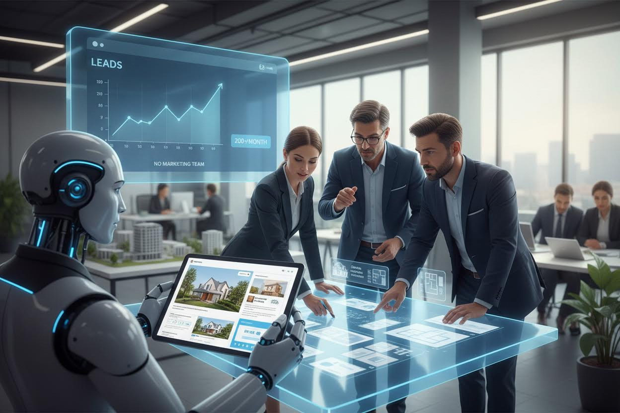 Editorial section illustration for "2. Генерация контента: AI как ваш копирайтер и дизайнер" in context of "AI для агентства недвижимости: как получить 200 лидов в месяц без отдела маркетинга". Subject-focused composition, realistic business environment, crisp details, natural contrast, no text, no watermark, no logo, no empty background, 16:9.