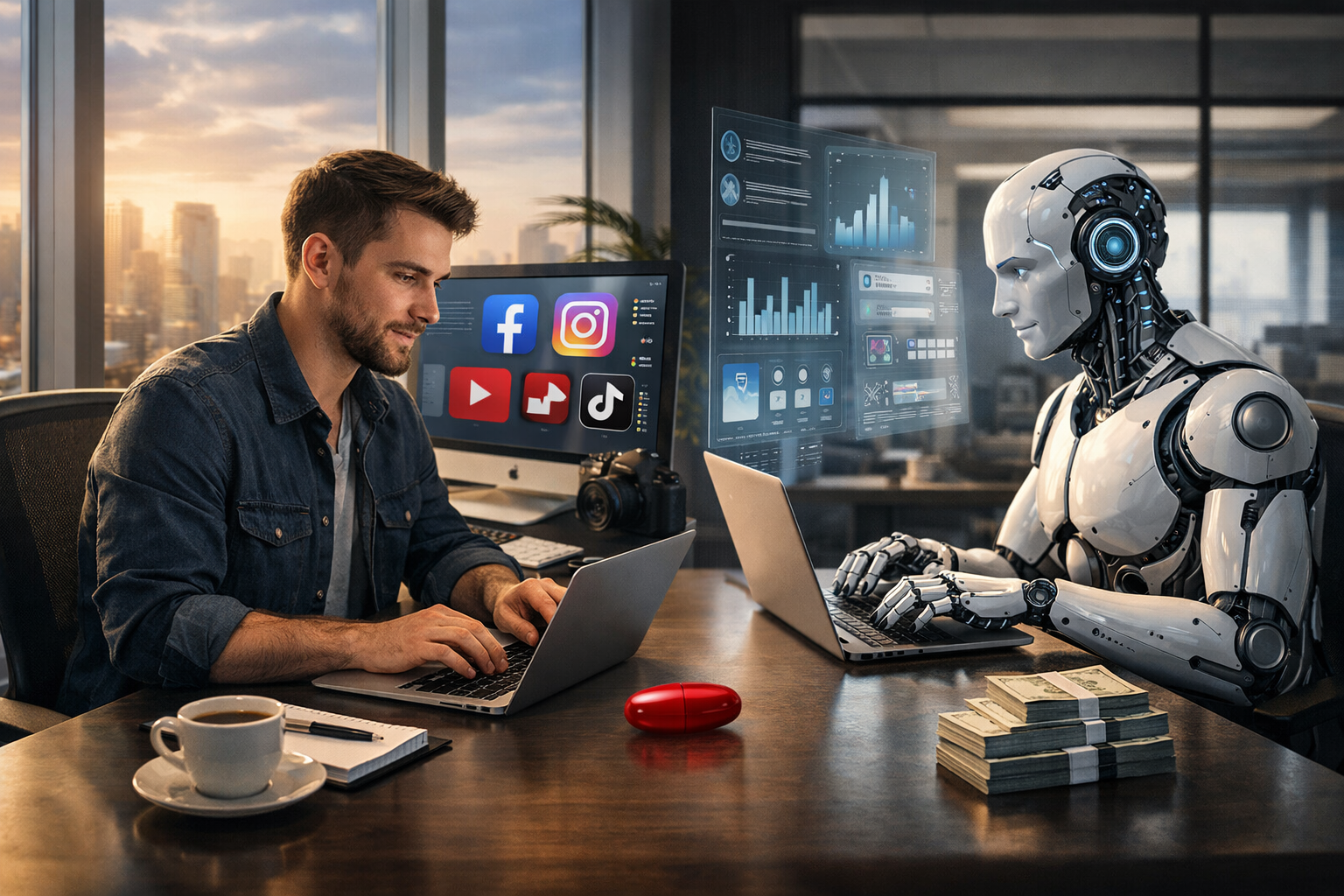 Editorial section illustration for "Почему SMM стоит 300K? Разбор рынка 2026" in context of "SMM-менеджер за 300K vs AI за 30K: Красная таблетка для вашего бюджета". Subject-focused composition, realistic business environment, crisp details, natural contrast, no text, no watermark, no logo, no empty background, 16:9.