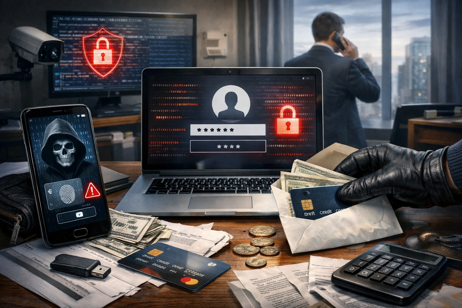 Editorial section illustration for "Цифровая идентичность: 7 причин утечки денег" in context of "Бизнес невидим? 7 причин и 30 дней к результату". Subject-focused composition, realistic business environment, crisp details, natural contrast, no text, no watermark, no logo, no empty background, 16:9.