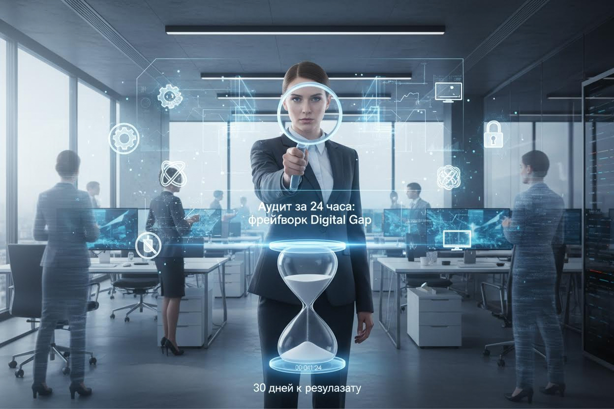 Editorial section illustration for "Аудит за 24 часа: фреймворк Digital Gap" in context of "Бизнес невидим? 7 причин и 30 дней к результату". Subject-focused composition, realistic business environment, crisp details, natural contrast, no text, no watermark, no logo, no empty background, 16:9.