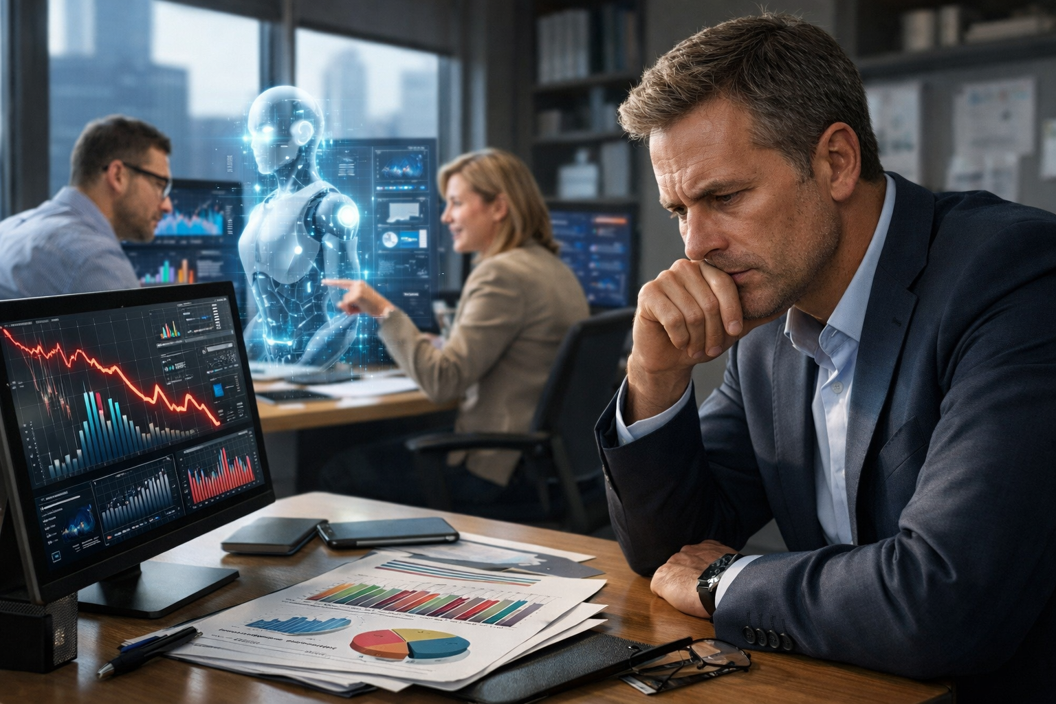 Editorial section illustration for "Рынок в 2026: цифры, которые нельзя игнорировать" in context of "Ваш конкурент уже использует AI. Вы — нет. Вот что происходит.". Subject-focused composition, realistic business environment, crisp details, natural contrast, no text, no watermark, no logo, no empty background, 16:9.