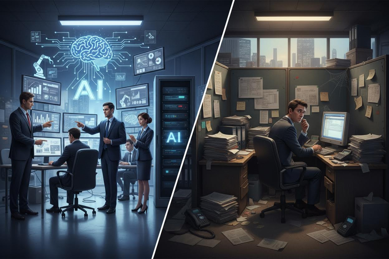 Editorial section illustration for "Что делает ваш конкурент прямо сейчас" in context of "Ваш конкурент уже использует AI. Вы — нет. Вот что происходит.". Subject-focused composition, realistic business environment, crisp details, natural contrast, no text, no watermark, no logo, no empty background, 16:9.