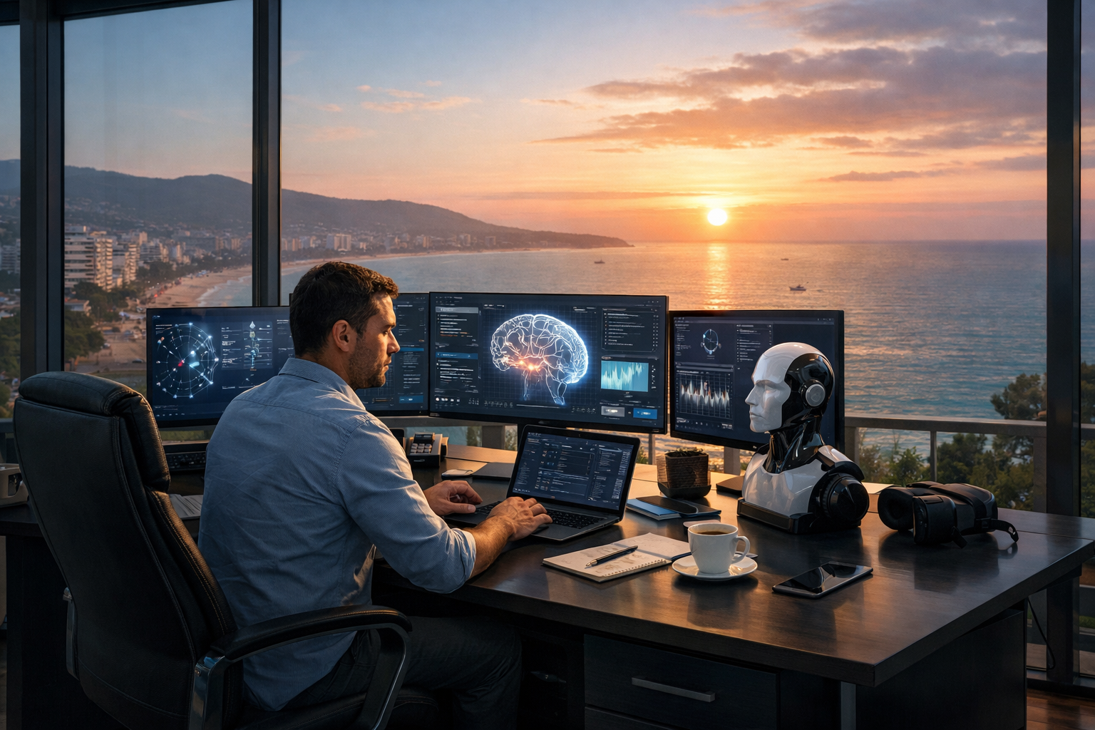 Editorial section illustration for "Менталитет «один в поле воин»" in context of "Один в поле воин: как управлять AI-бизнесом из Анапы". Subject-focused composition, realistic business environment, crisp details, natural contrast, no text, no watermark, no logo, no empty background, 16:9.