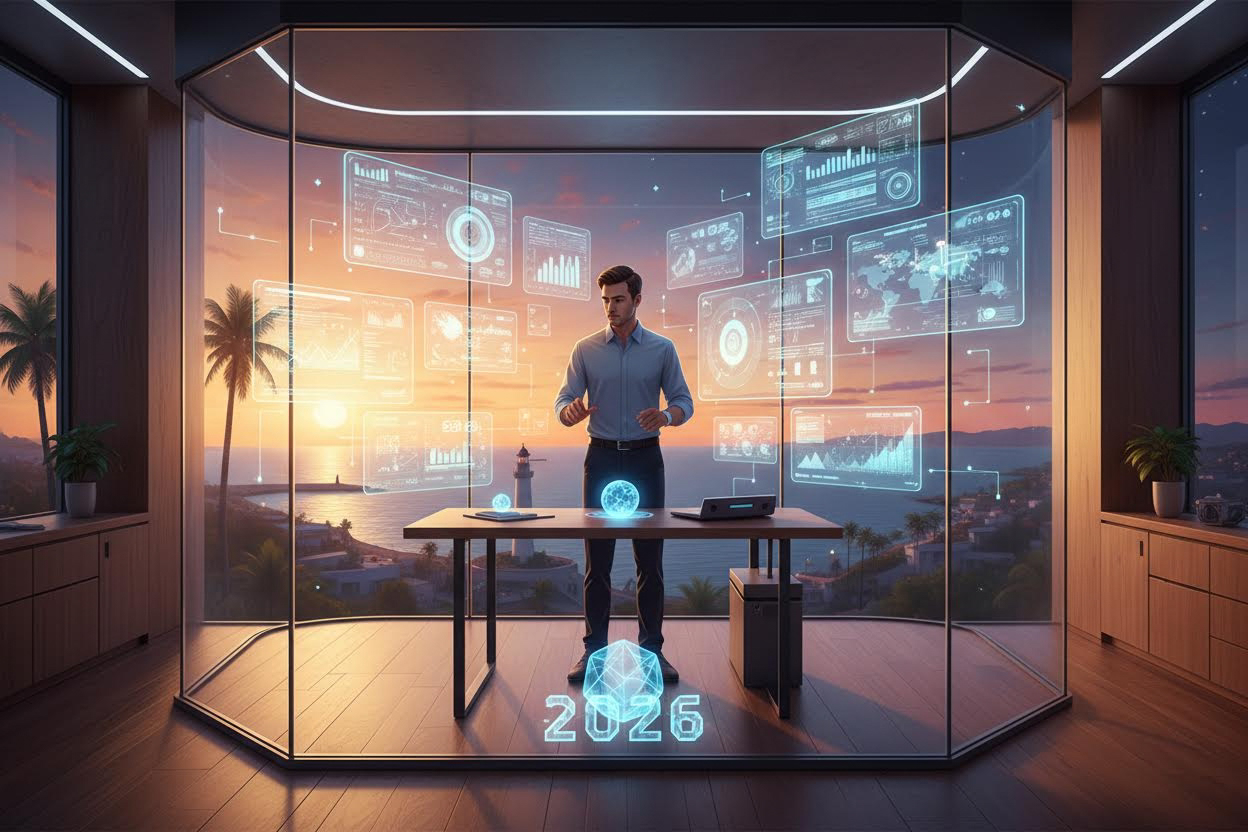 Editorial section illustration for "Техстек 2026: минимум инструментов, максимум эффекта" in context of "Один в поле воин: как управлять AI-бизнесом из Анапы". Subject-focused composition, realistic business environment, crisp details, natural contrast, no text, no watermark, no logo, no empty background, 16:9.