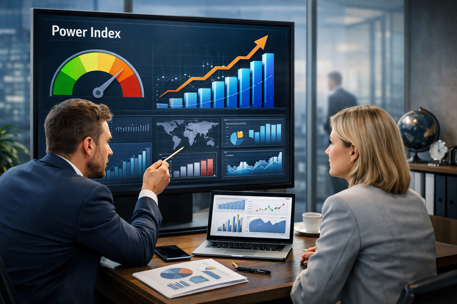 Editorial section illustration for "Что такое Power Index и как он работает" in context of "Power Index: новая метрика для измерения мощи бизнеса". Subject-focused composition, realistic business environment, crisp details, natural contrast, no text, no watermark, no logo, no empty background, 16:9.