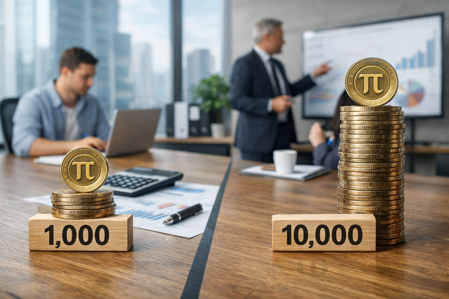 Editorial section illustration for "Определение уровня: PI 1,000 как стартовый капитал" in context of "PI 1,000 vs 10,000: бизнес-стратегии для разных уровней". Subject-focused composition, realistic business environment, crisp details, natural contrast, no text, no watermark, no logo, no empty background, 16:9.