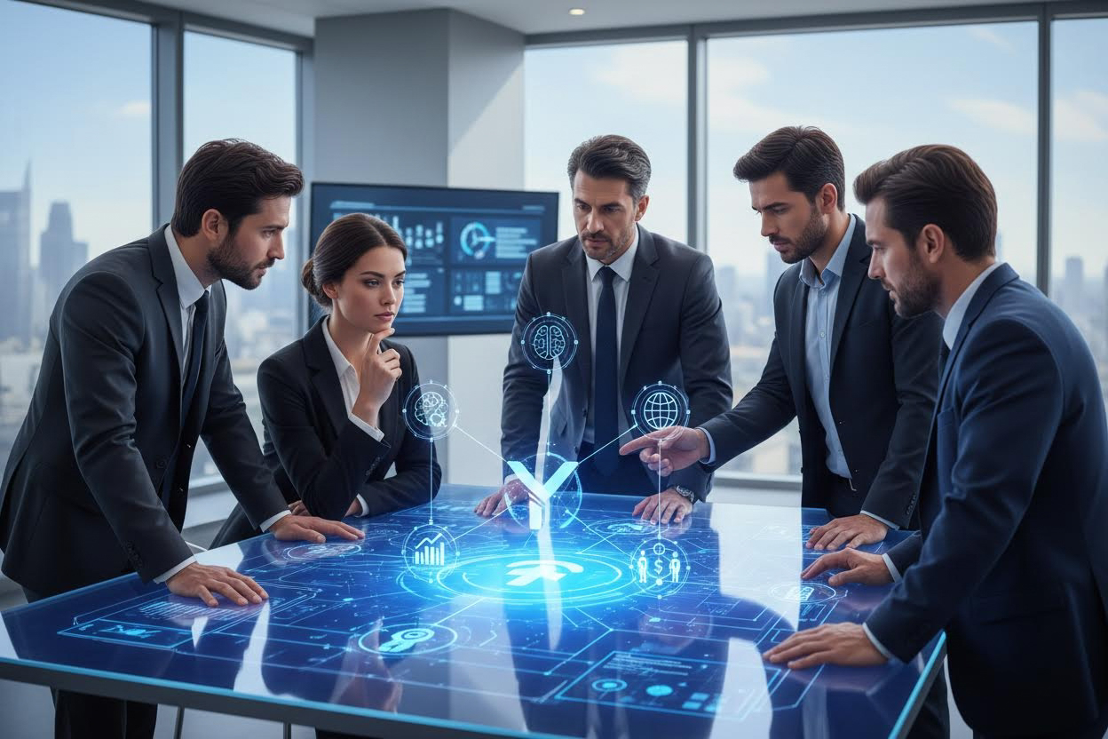 Editorial section illustration for "Революция AI-агентов" in context of "AI в марте 2026: 5 главных событий, меняющих бизнес". Subject-focused composition, realistic business environment, crisp details, natural contrast, no text, no watermark, no logo, no empty background, 16:9.