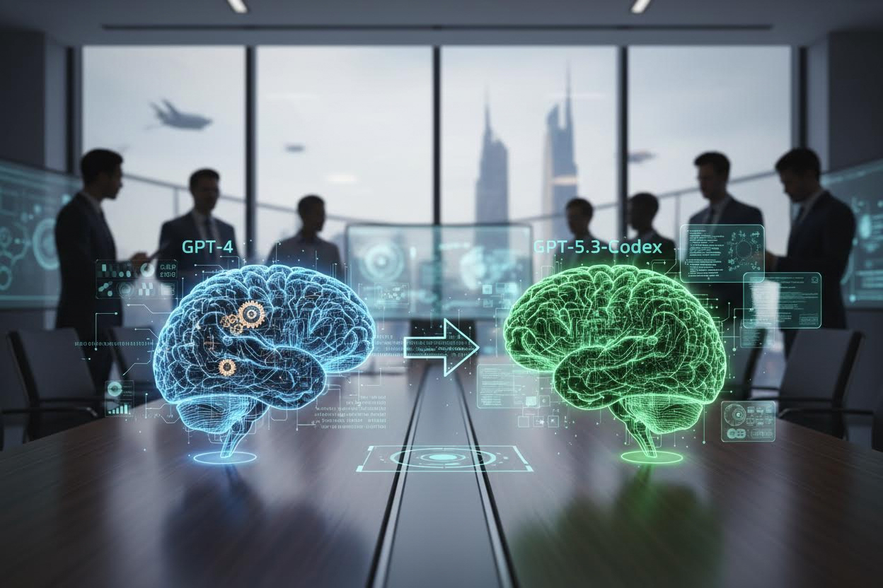 Editorial section illustration for "Сравнение версий: GPT-4 vs GPT-5.3-Codex" in context of "GPT-5.3 Codex Steering: Программирование 2026". Subject-focused composition, realistic business environment, crisp details, natural contrast, no text, no watermark, no logo, no empty background, 16:9.