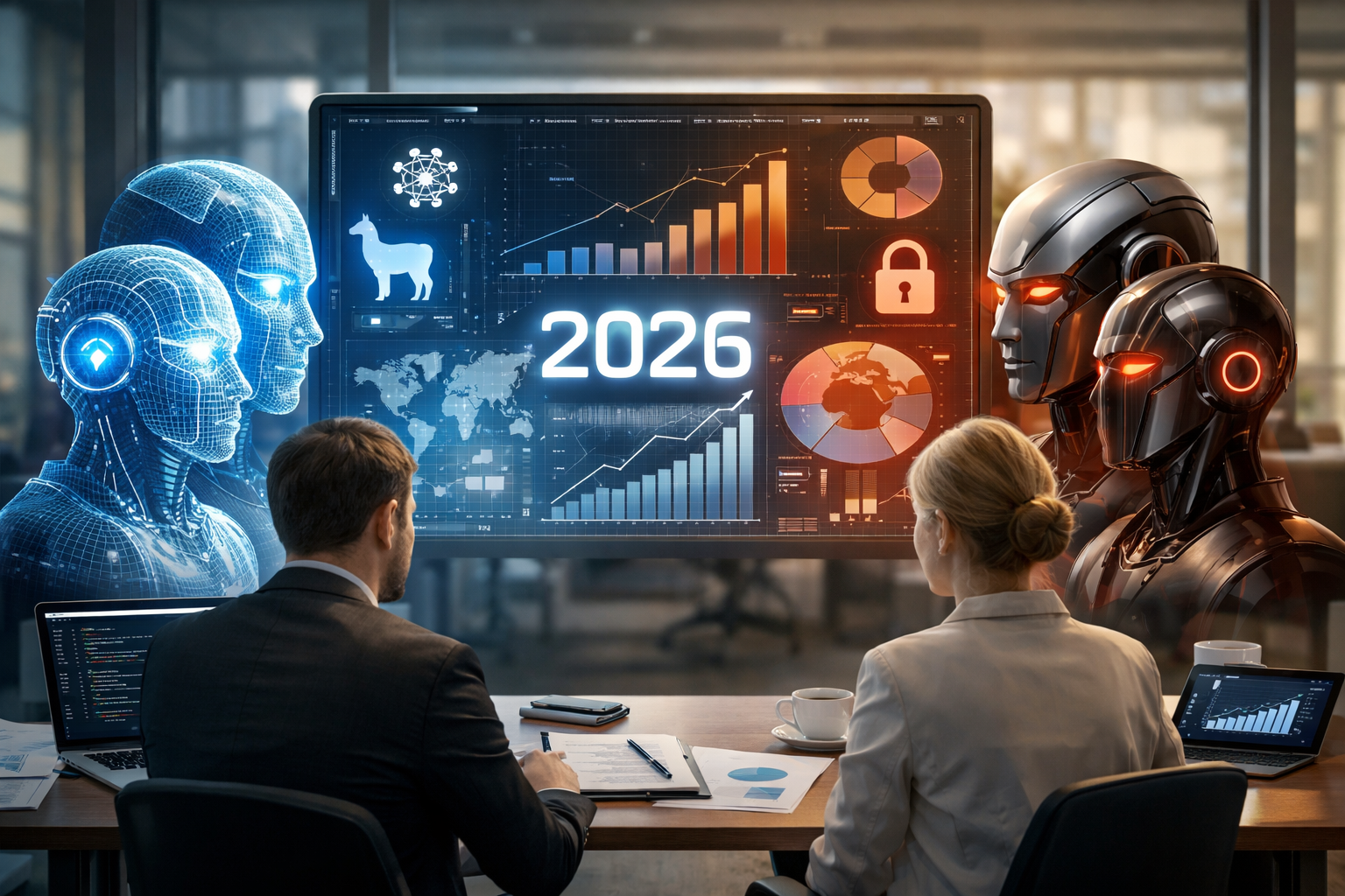 Editorial section illustration for "Рынок ИИ в 2026: тренды и статистика" in context of "Открытые vs закрытые ИИ: DeepSeek, Llama, Mistral — кому доверять в 2026?". Subject-focused composition, realistic business environment, crisp details, natural contrast, no text, no watermark, no logo, no empty background, 16:9.