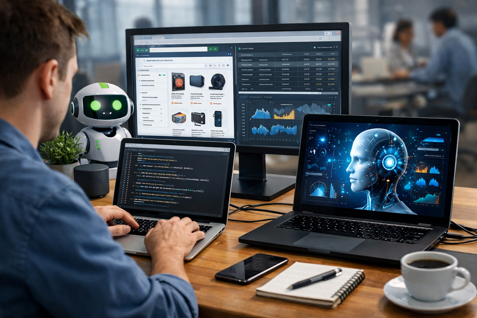 Editorial section illustration for "Почему Playwright обгоняет Selenium в эпоху AI" in context of "Playwright + AI: Парсинг без API и границ". Subject-focused composition, realistic business environment, crisp details, natural contrast, no text, no watermark, no logo, no empty background, 16:9.