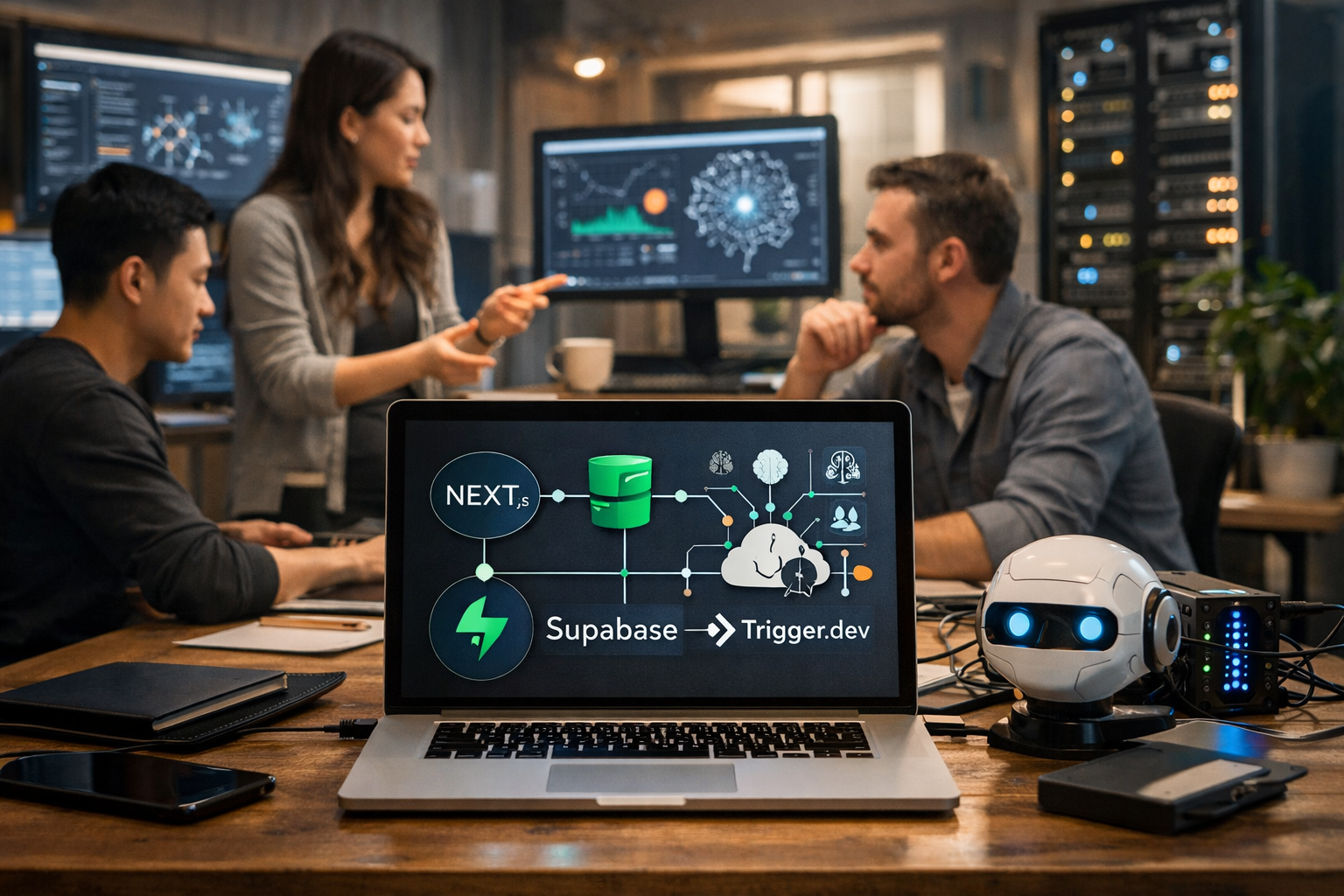 Editorial section illustration for "Почему этот стек — де-факто стандарт в 2026" in context of "Next.js + Supabase + Trigger.dev: стек для AI-стартапа в 2026". Subject-focused composition, realistic business environment, crisp details, natural contrast, no text, no watermark, no logo, no empty background, 16:9.