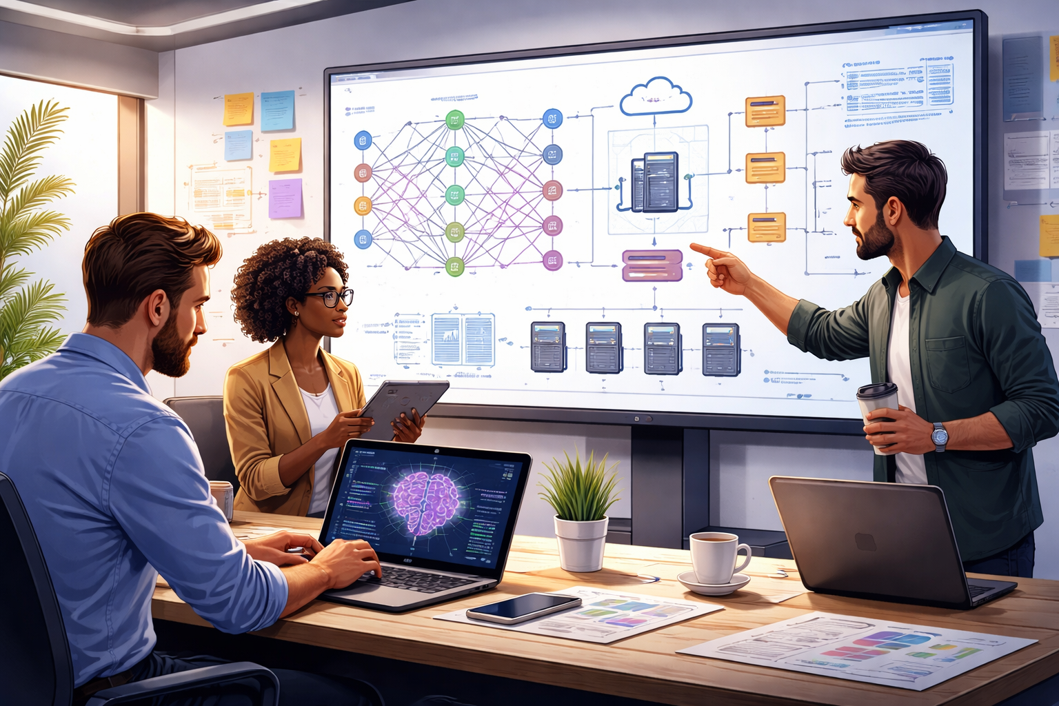 Editorial section illustration for "Архитектура и выбор модели" in context of "Vercel: Деплой AI-проекта за 5 минут". Subject-focused composition, realistic business environment, crisp details, natural contrast, no text, no watermark, no logo, no empty background, 16:9.