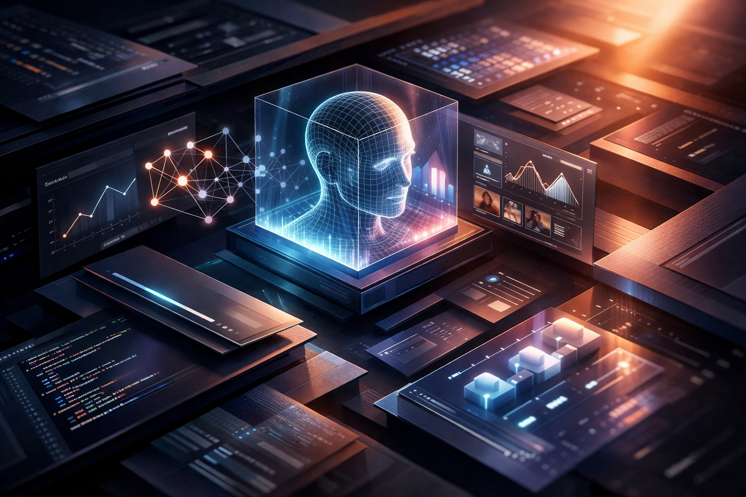 A group of diverse professionals collaborating in a modern office setting with laptops and technology.