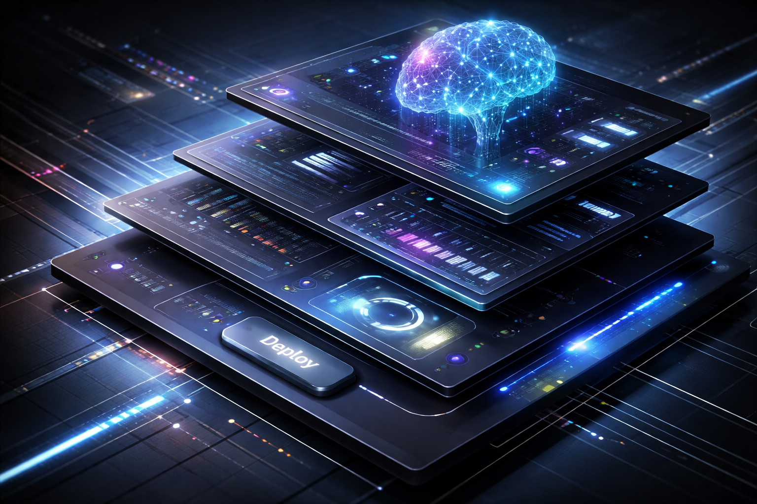 A diverse business team collaborates on projects in a modern office setting, using technology and notes.