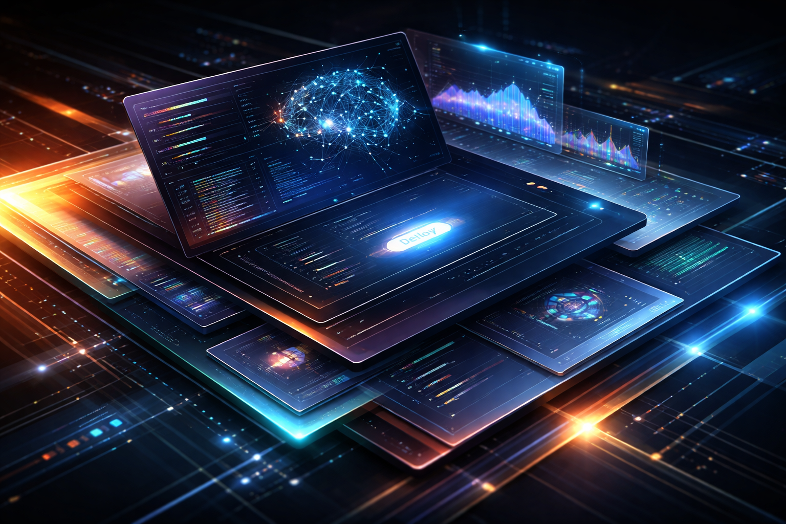 A diverse group of professionals working together on laptops in a modern office meeting room.