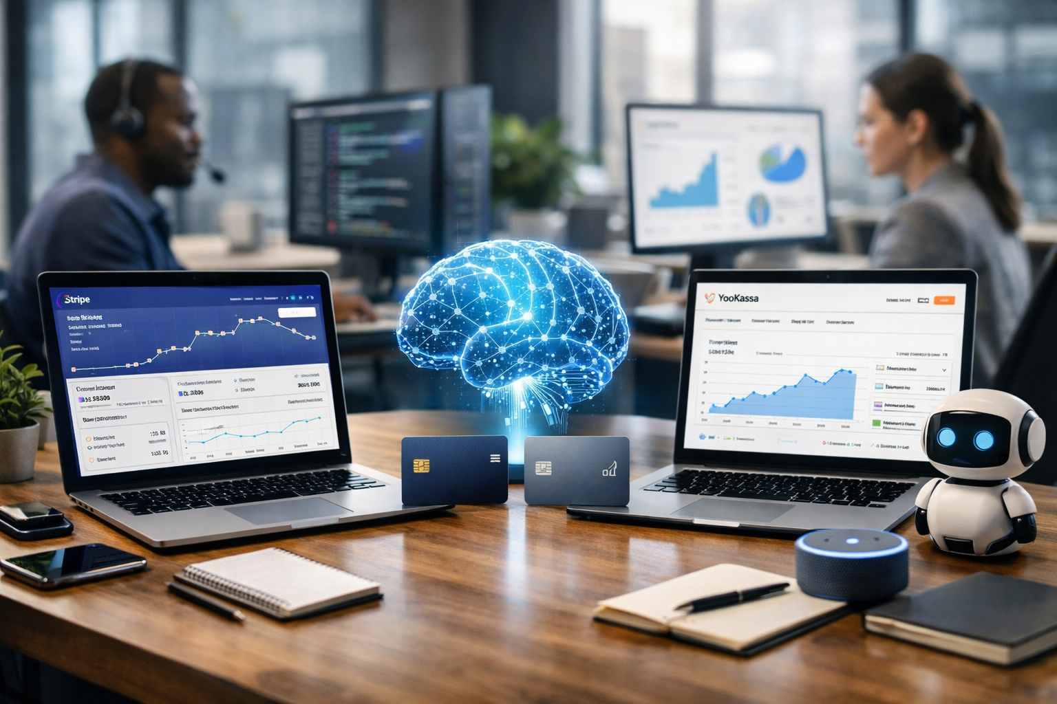 Editorial section illustration for "Обзор платформ: Stripe и YooKassa в 2026" in context of "Stripe vs YooKassa: Как принимать платежи для AI-бизнеса в 2026". Subject-focused composition, realistic business environment, crisp details, natural contrast, no text, no watermark, no logo, no empty background, 16:9.