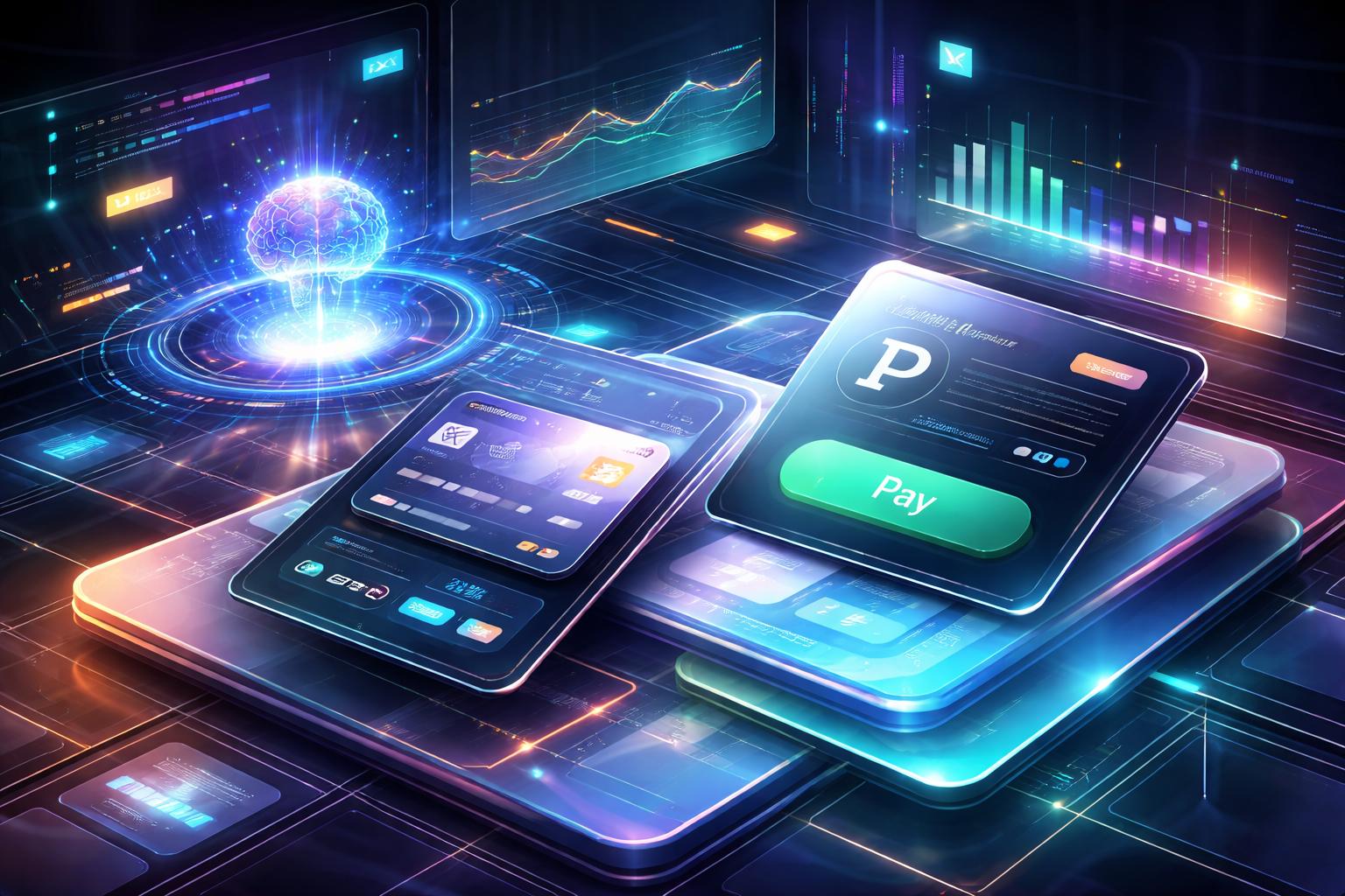 A diverse business team collaborates on projects in a modern office setting, using technology and notes.