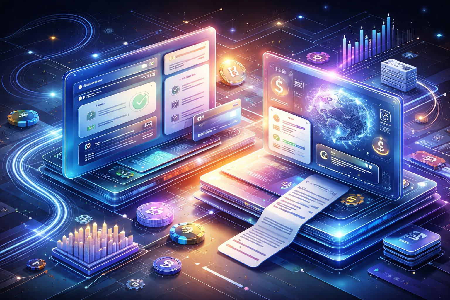 Engaged business professionals collaborating in a modern office setting.