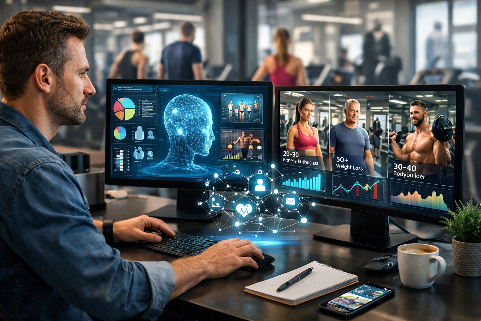 Editorial section illustration for "Анализ аудитории с помощью AI" in context of "AI для фитнес-клуба: 100 клиентов в месяц через контент". Subject-focused composition, realistic business environment, crisp details, natural contrast, no text, no watermark, no logo, no empty background, 16:9.