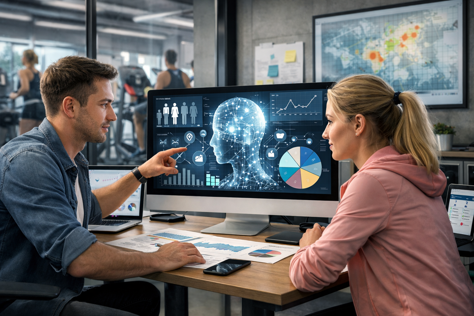 Editorial section illustration for "Анализ аудитории с помощью AI" in context of "AI для фитнес-клуба: как привлечь 100 клиентов в месяц через контент". Subject-focused composition, realistic business environment, crisp details, natural contrast, no text, no watermark, no logo, no empty background, 16:9.