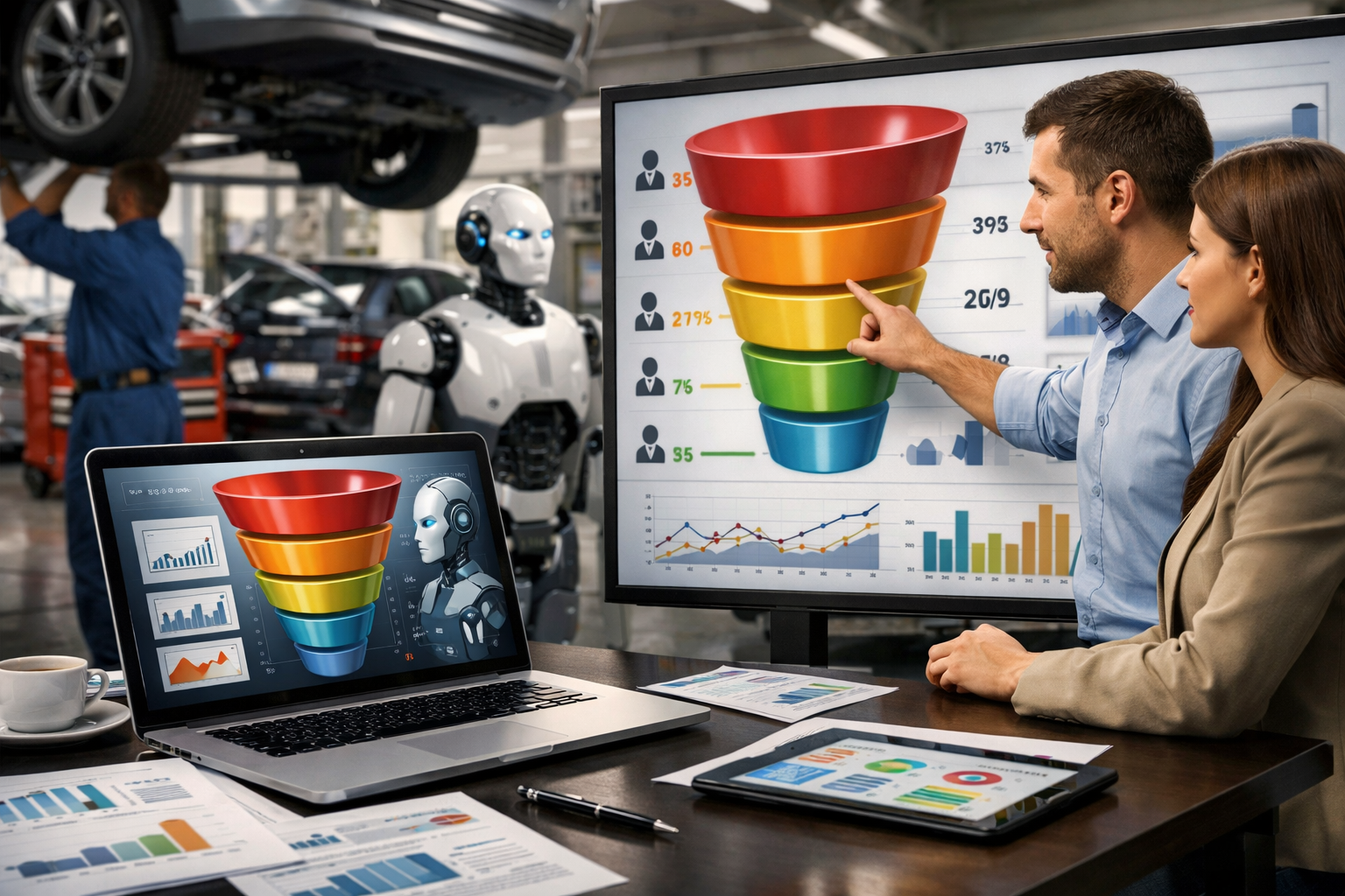Editorial section illustration for "Анализ текущей воронки продаж" in context of "AI для автосервиса: как увеличить клиентов в 5 раз к 2026". Subject-focused composition, realistic business environment, crisp details, natural contrast, no text, no watermark, no logo, no empty background, 16:9.