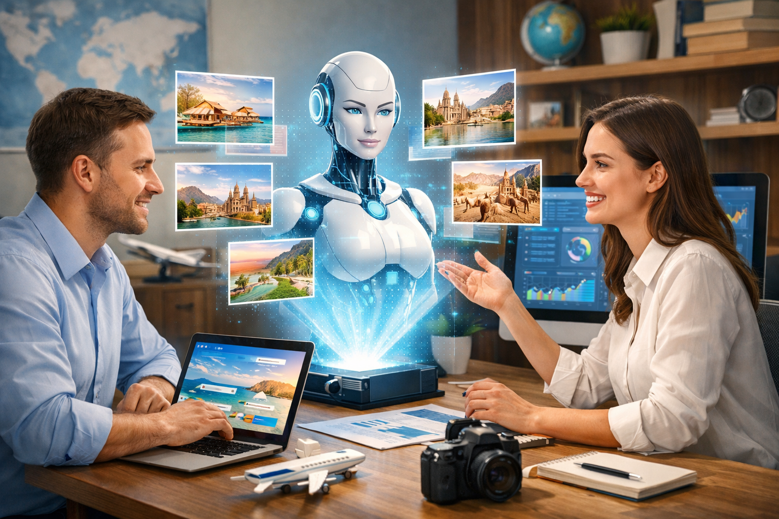 Editorial section illustration for "Почему AI-контент — новый стандарт продаж туров" in context of "AI для турагентств: как продавать туры через контент в 2026". Subject-focused composition, realistic business environment, crisp details, natural contrast, no text, no watermark, no logo, no empty background, 16:9.