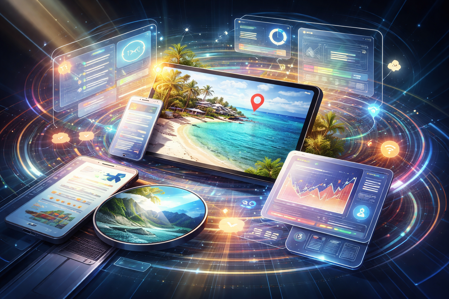 A group of diverse professionals collaborating in a modern office setting with laptops and technology.