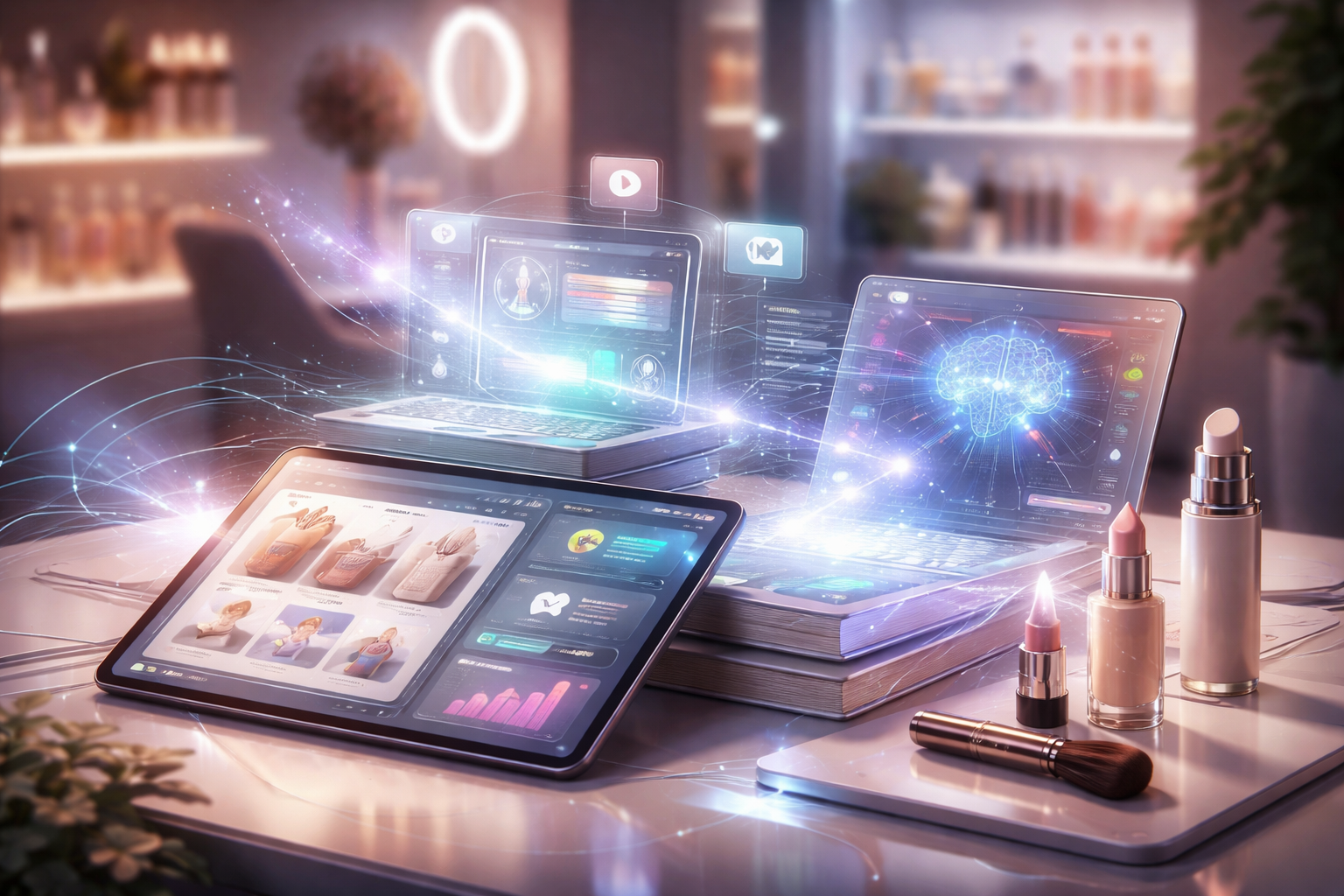 A diverse business team collaborates on projects in a modern office setting, using technology and notes.