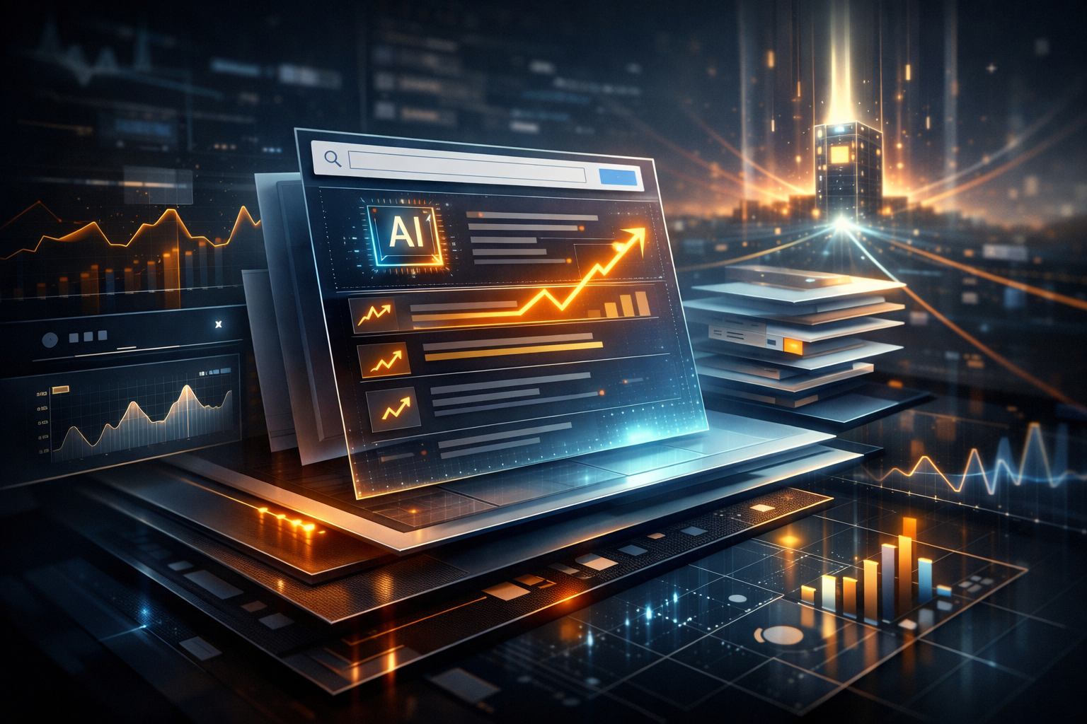 A group of diverse professionals collaborating in a modern office setting with laptops and technology.