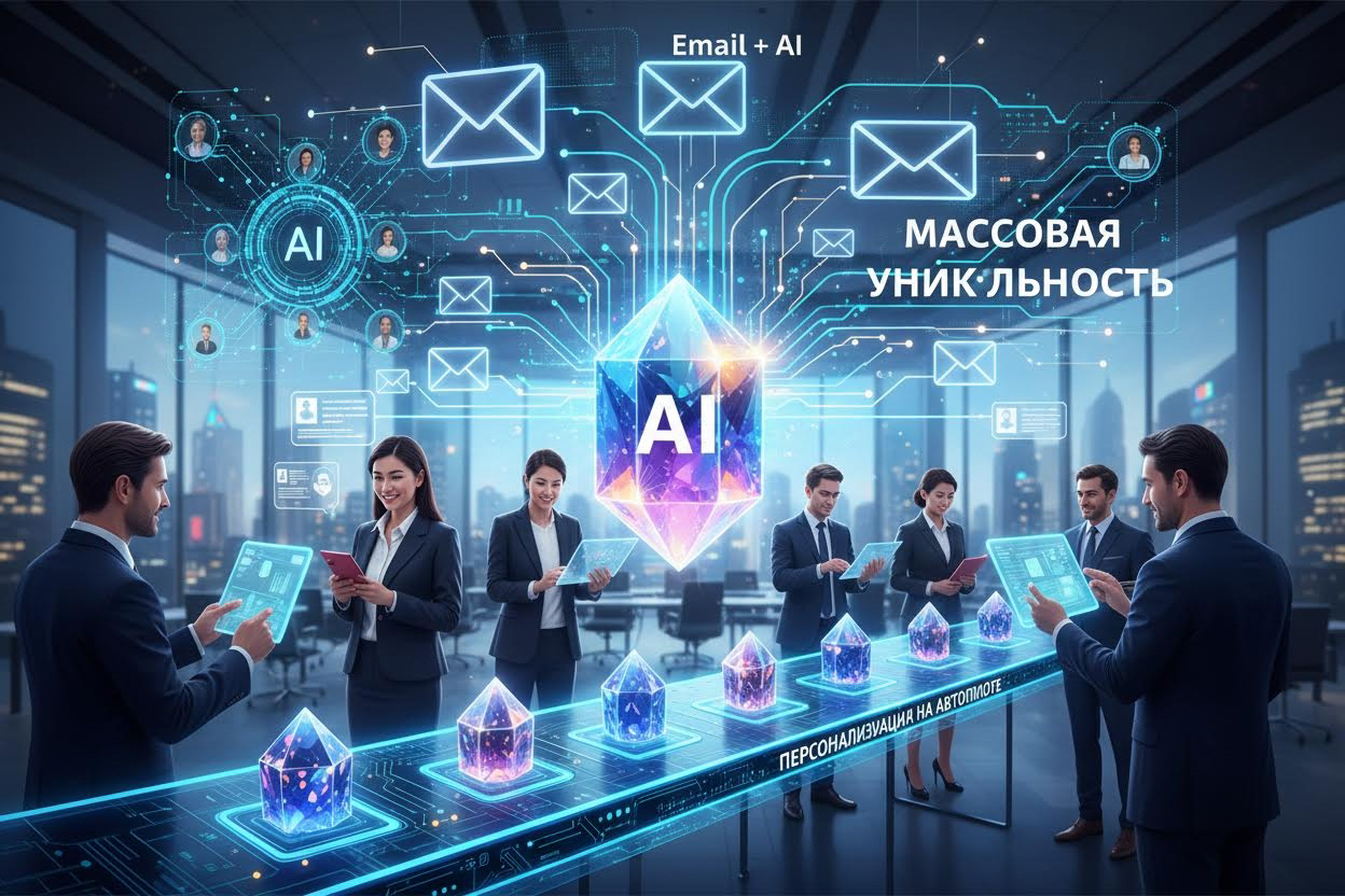 Editorial section illustration for "Генерация креатива: Массовая уникальность" in context of "Email + AI: Персонализация на Автопилоте". Subject-focused composition, realistic business environment, crisp details, natural contrast, no text, no watermark, no logo, no empty background, 16:9.