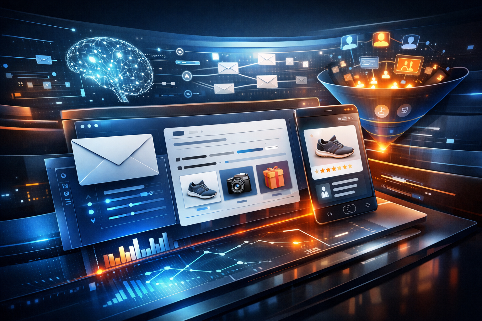 A group of diverse professionals collaborating in a modern office setting with laptops and technology.