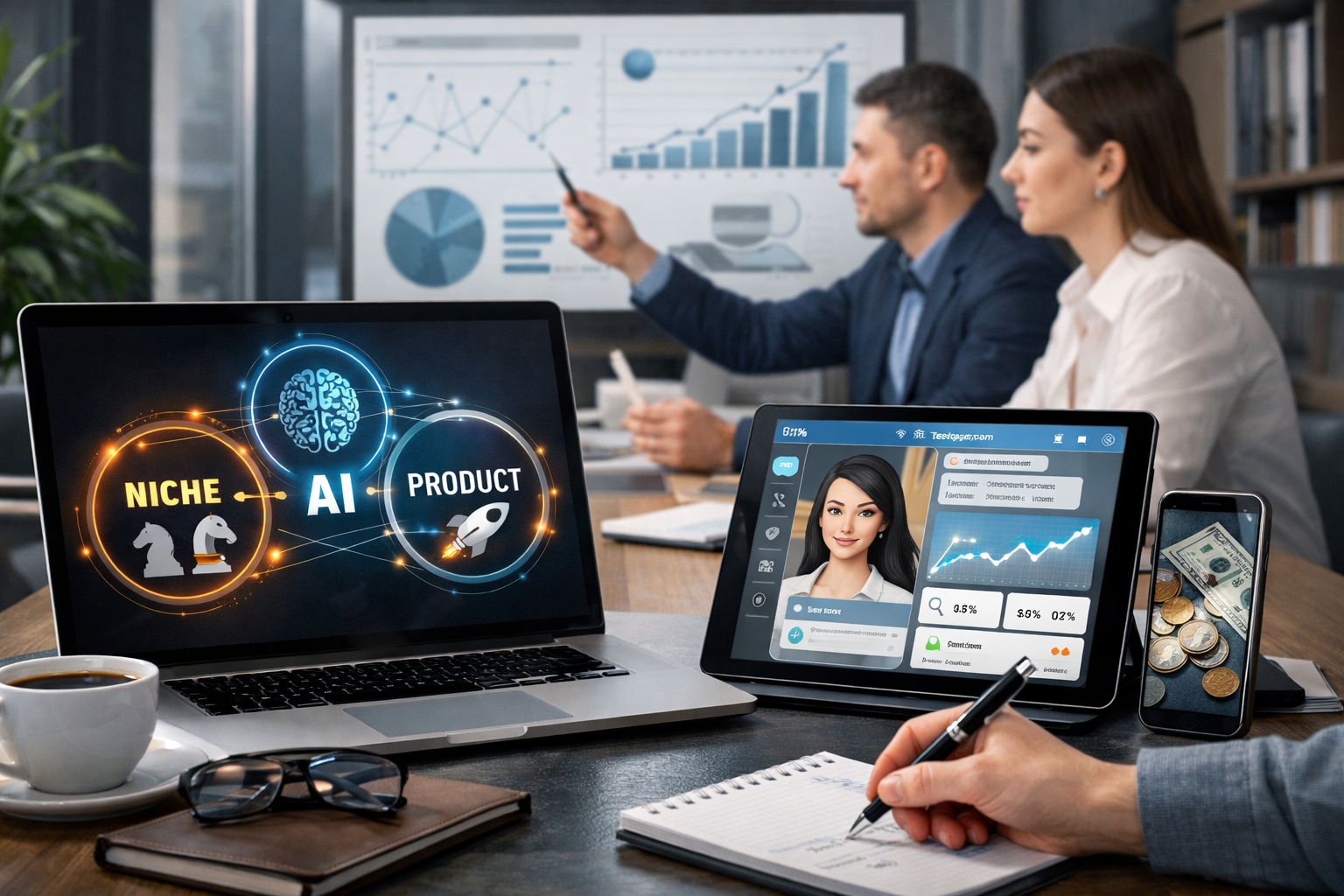 Editorial section illustration for "Стратегический фреймворк: Niche-AI-Product (NAP)" in context of "TG-канал под ключ с AI: Стратегия запуска и монетизации 2026". Subject-focused composition, realistic business environment, crisp details, natural contrast, no text, no watermark, no logo, no empty background, 16:9.