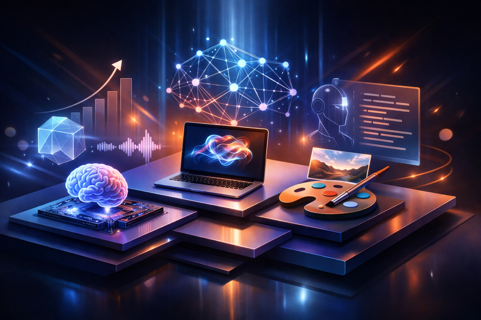 Premium editorial section illustration 1 for "Кому подходит бесплатный сценарий: стратегический фреймворк" in context of "Нейросеть бесплатно: 20 лучших сервисов на 2026 год". Distinct visual angle, no people, no faces, layered product surfaces, abstract signals, cinematic light, crisp contrast, subject-focused, no text, no watermark, no logo, 16:9.