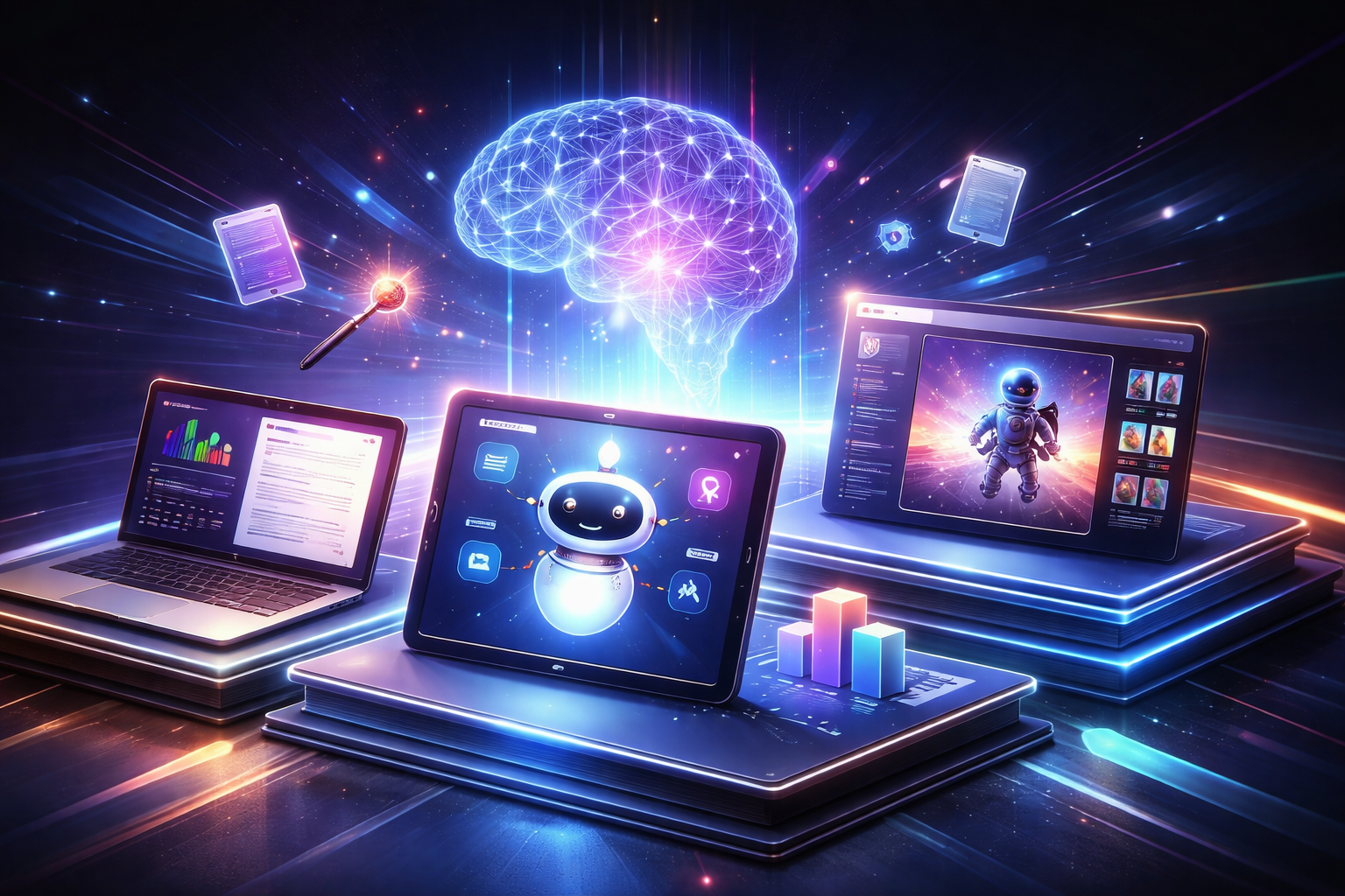 Premium editorial section illustration 1 for "Кому подходит бесплатный сценарий: фреймворк выбора" in context of "Нейросеть бесплатно: 20 лучших сервисов на 2026 год для бизнеса". Distinct visual angle, no people, no faces, layered product surfaces, abstract signals, cinematic light, crisp contrast, subject-focused, no text, no watermark, no logo, 16:9.