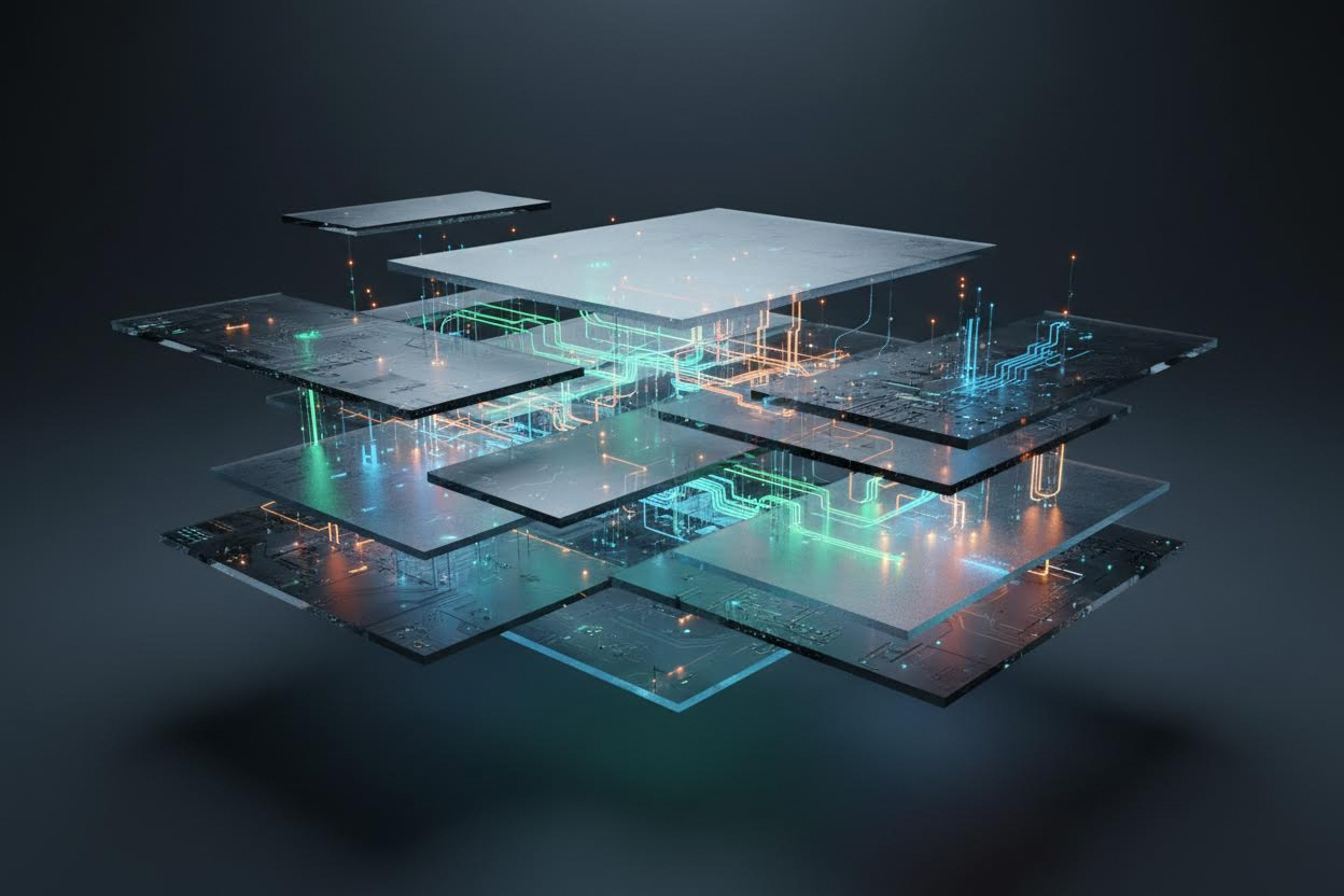 Premium editorial section illustration 2 for "ТОП-20 сервисов: обзор по категориям" in context of "Нейросеть бесплатно: 20 лучших сервисов на 2026 год для бизнеса". Distinct visual angle, no people, no faces, layered product surfaces, abstract signals, cinematic light, crisp contrast, subject-focused, no text, no watermark, no logo, 16:9.