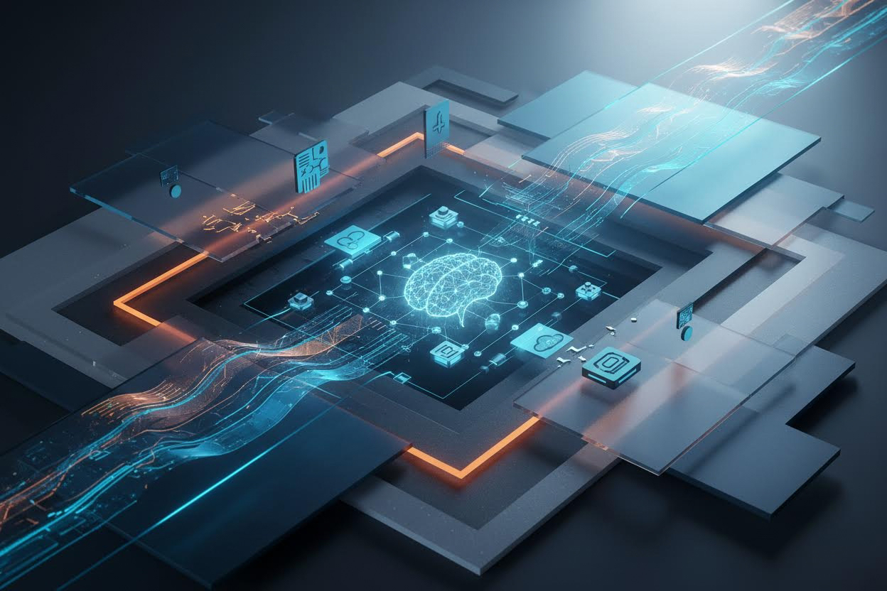 Premium editorial section illustration 2 for "18 идей для запуска: от анализа до монетизации" in context of "Бизнес онлайн 2026: Практический разбор для руководителя и команды". Distinct visual angle, no people, no faces, layered product surfaces, abstract signals, cinematic light, crisp contrast, subject-focused, no text, no watermark, no logo, 16:9.