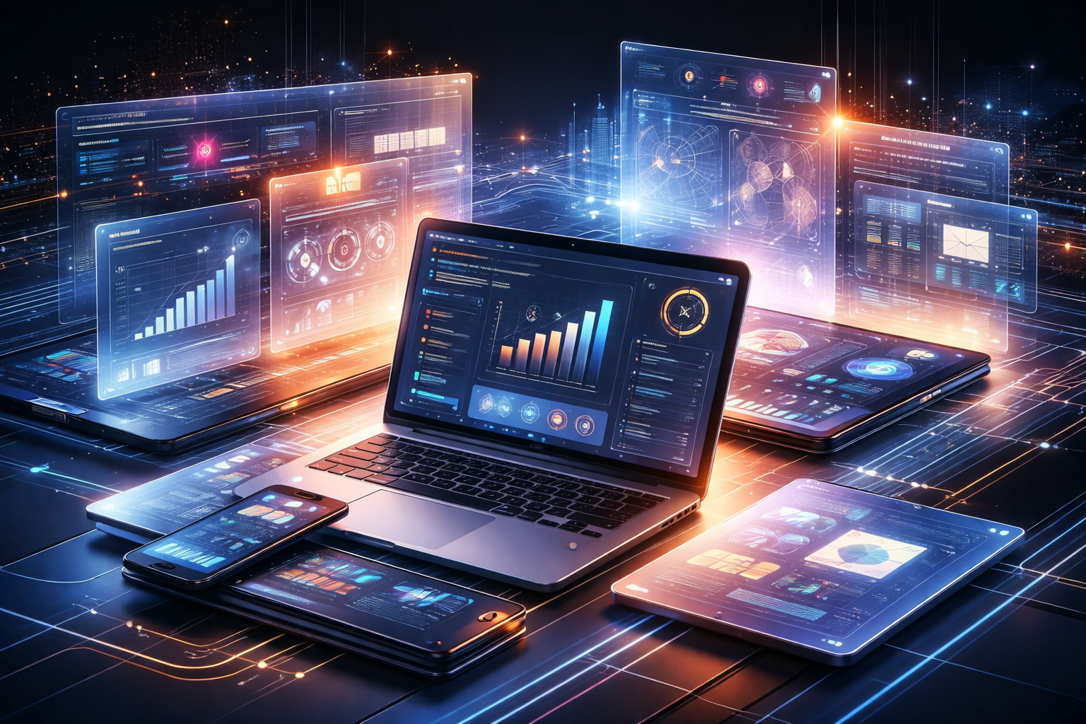 Multimedia setup featuring a laptop and a large monitor in a tech-savvy workspace.