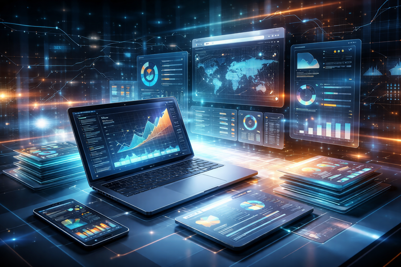 Multimedia setup featuring a laptop and a large monitor in a tech-savvy workspace.