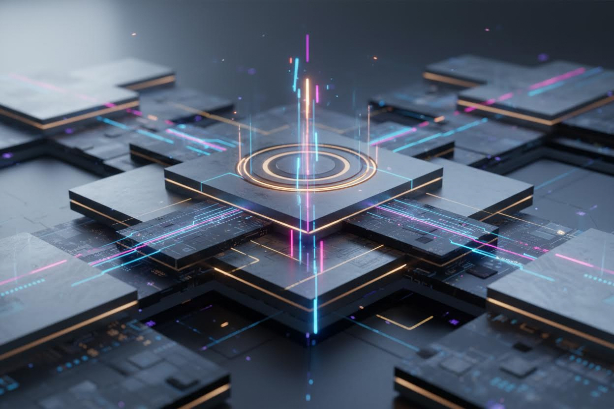 Premium editorial section illustration 2 for "Выбор фреймворка онлайн-стратегии" in context of "Бизнес онлайн: стратегия для руководителя и команды в 2026". Distinct visual angle, no people, no faces, layered product surfaces, abstract signals, cinematic light, crisp contrast, subject-focused, no text, no watermark, no logo, 16:9.