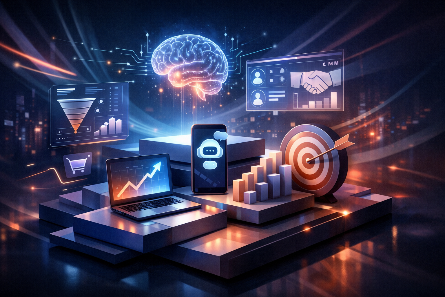 Premium editorial section illustration 1 for "Стратегический фреймворк продаж 2026: от реакции к прогнозированию" in context of "Продажи 2026: Как AI и CRM превратят вашу воронку в машину роста". Distinct visual angle, no people, no faces, layered product surfaces, abstract signals, cinematic light, crisp contrast, subject-focused, no text, no watermark, no logo, 16:9.