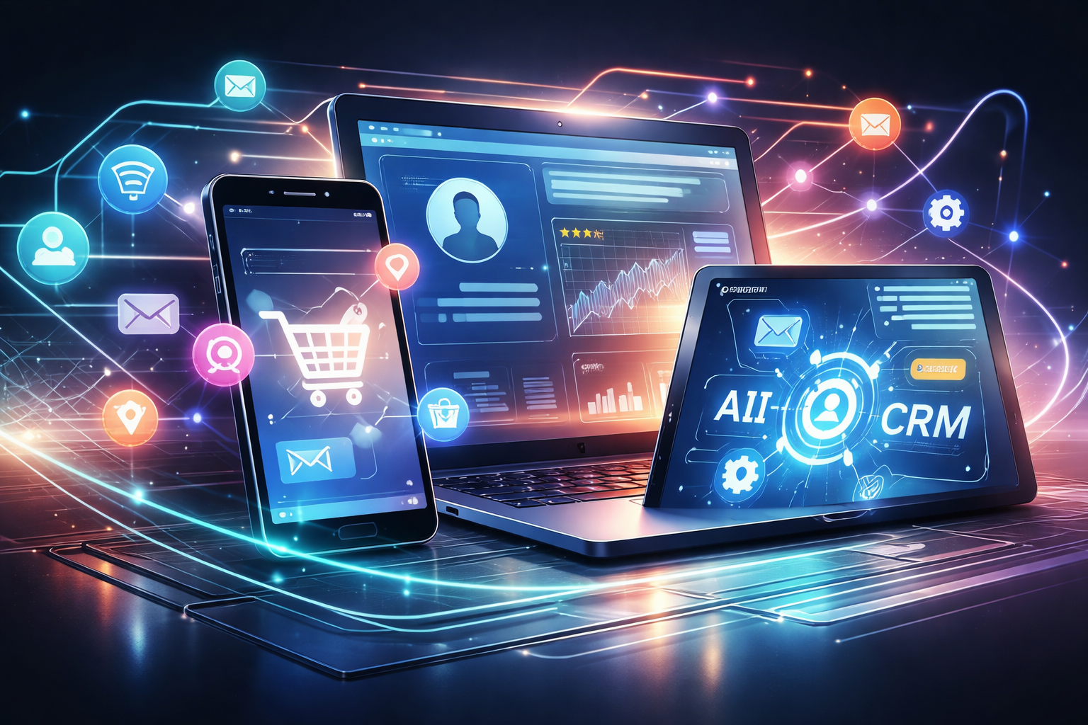 Premium editorial section illustration 1 for "Тренды 2026: Омниканальность и клиентоцентричность" in context of "Продажи 2026: Как AI и CRM управляют клиентским путём". Distinct visual angle, no people, no faces, layered product surfaces, abstract signals, cinematic light, crisp contrast, subject-focused, no text, no watermark, no logo, 16:9.