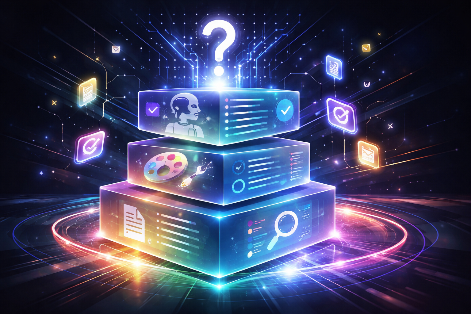 Premium editorial section illustration 1 for "Кому подходит бесплатный ИИ: 4 бизнес-сценария" in context of "Бесплатный ИИ в 2026: 15 сервисов, которые реально работают". Distinct visual angle, no people, no faces, layered product surfaces, abstract signals, cinematic light, crisp contrast, subject-focused, no text, no watermark, no logo, 16:9.